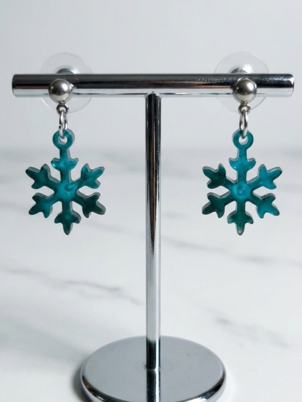 Resin Snowflake Earrings • Teal Blue Winter Dangles